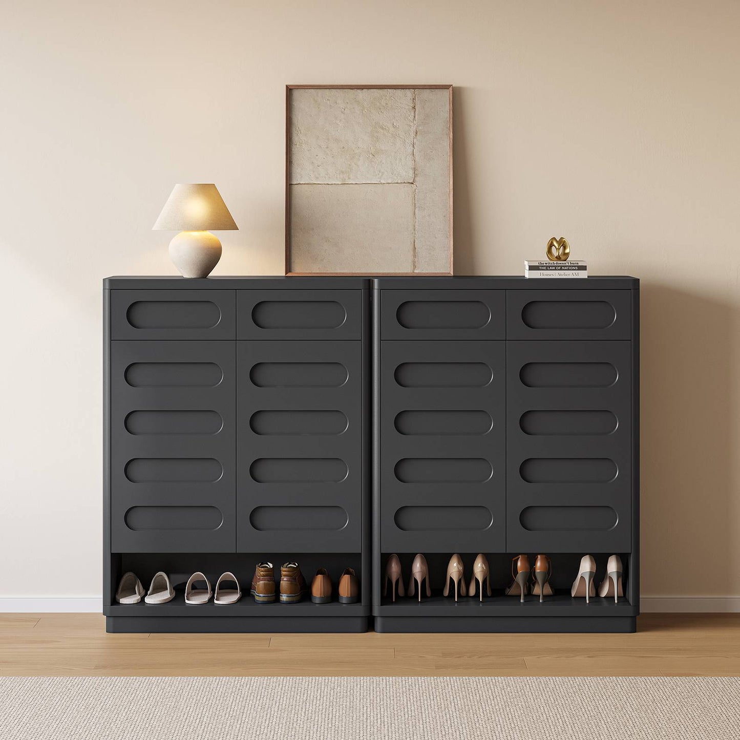 SUCSSRICH 45.3 Inch Shoe Storage Cabinet with 2 Drawers Tall Large Shoe Organizer Closet Storage with Doors and 4-Tier Shelves for Entryway Hallway
