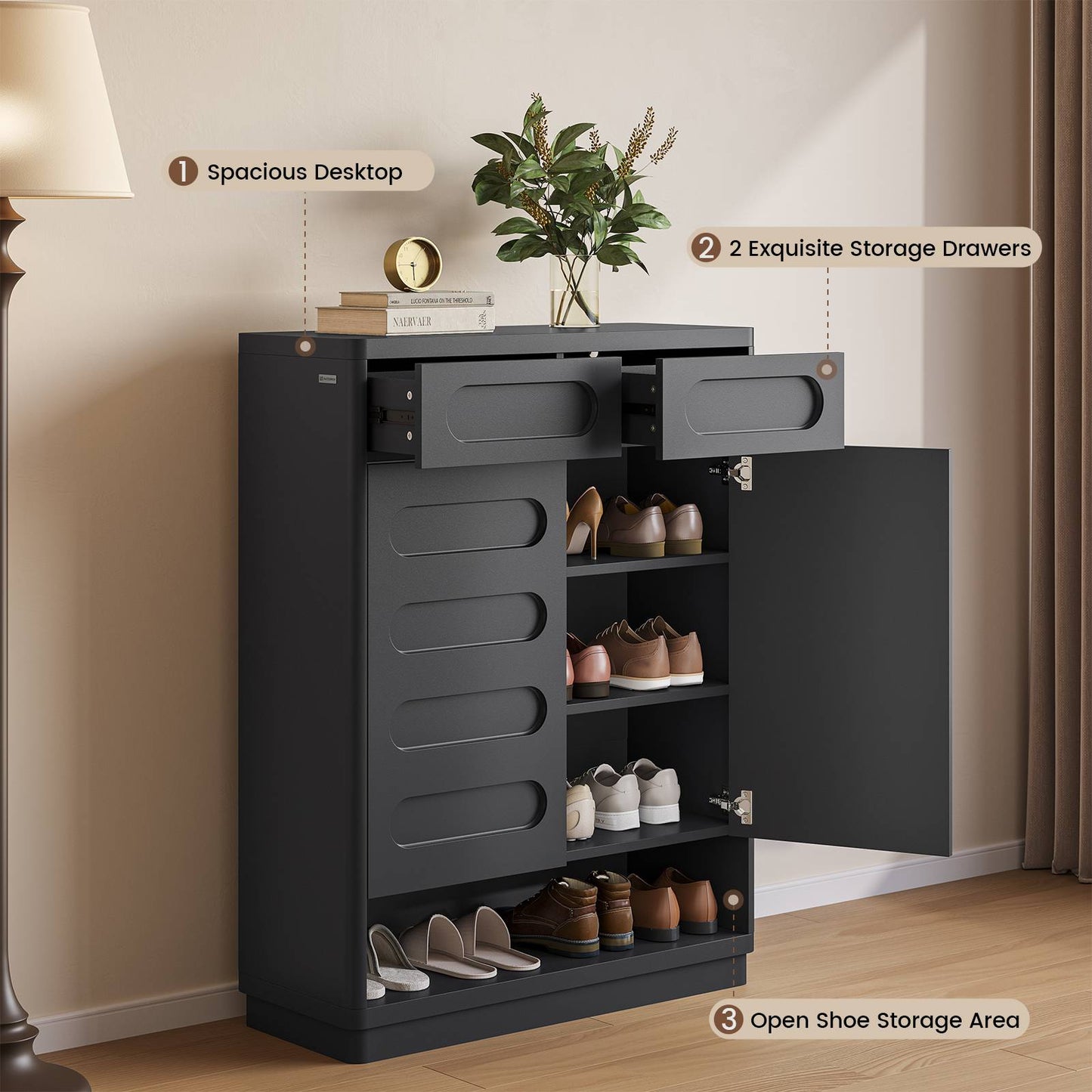 SUCSSRICH 45.3 Inch Shoe Storage Cabinet with 2 Drawers Tall Large Shoe Organizer Closet Storage with Doors and 4-Tier Shelves for Entryway Hallway