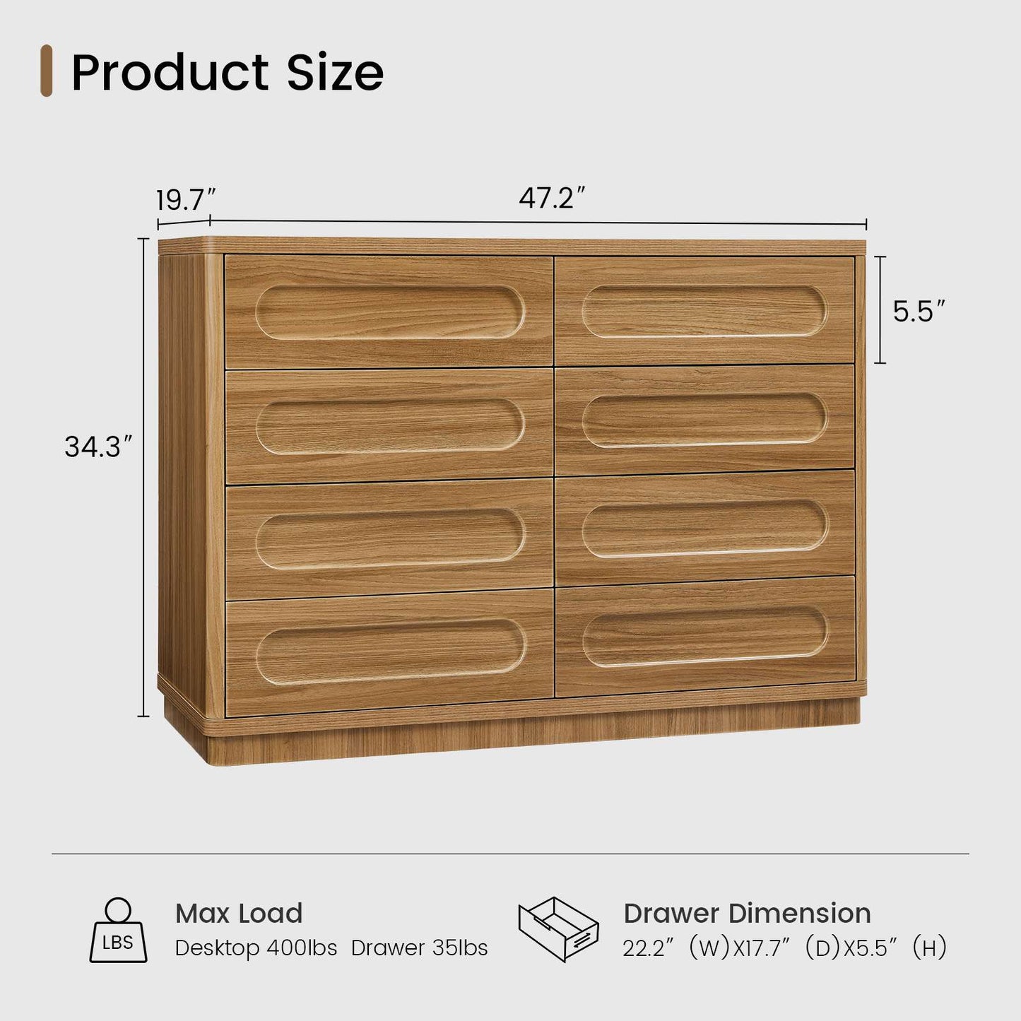 SUCSSRICH 47.2 Inch Dresser for Bedroom with 8 Drawers Wide Dresser for Closet with Deep Drawer Large Wood TV Stand Modern Chest of Drawers for Bedroom