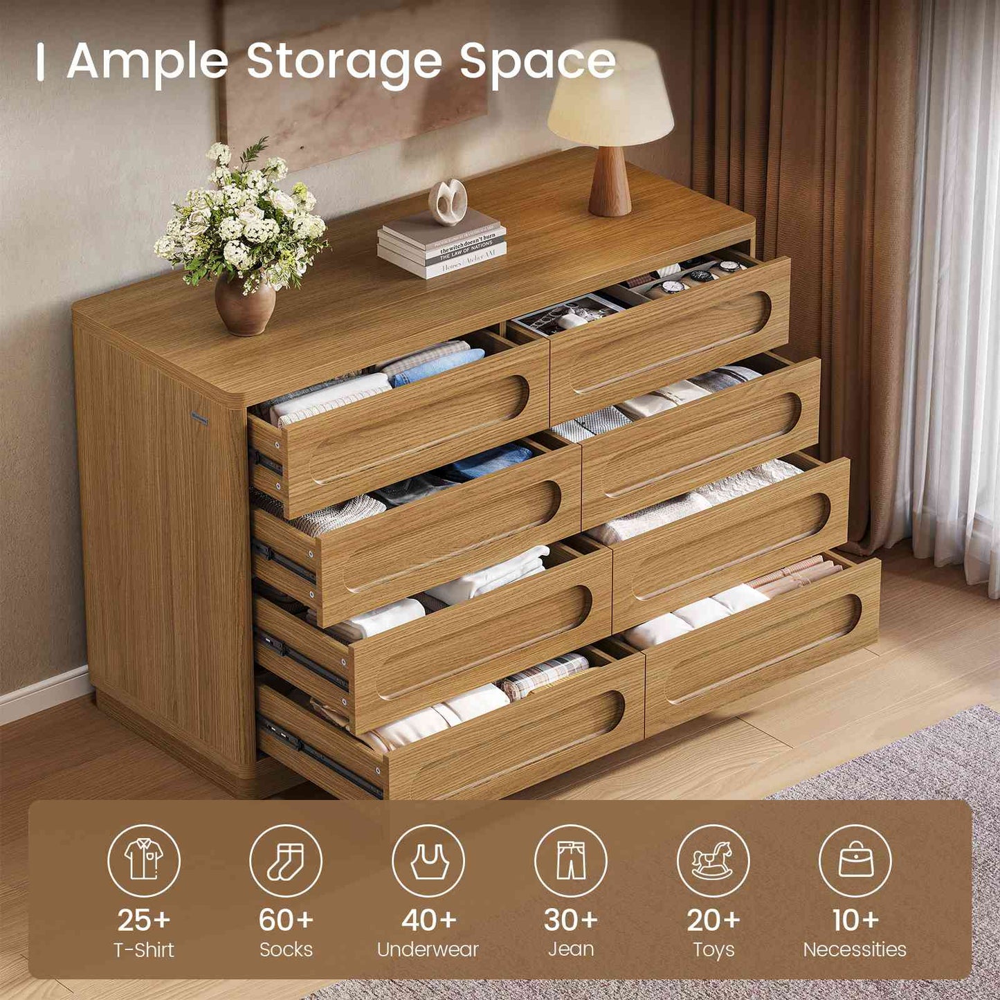 SUCSSRICH 47.2 Inch Dresser for Bedroom with 8 Drawers Wide Dresser for Closet with Deep Drawer Large Wood TV Stand Modern Chest of Drawers for Bedroom