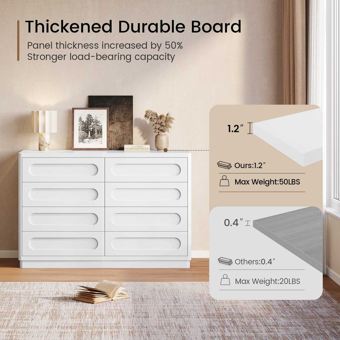 SUCSSRICH 47.2 Inch Dresser for Bedroom with 8 Drawers Wide Dresser for Closet with Deep Drawer Large Wood TV Stand Modern Chest of Drawers for Bedroom