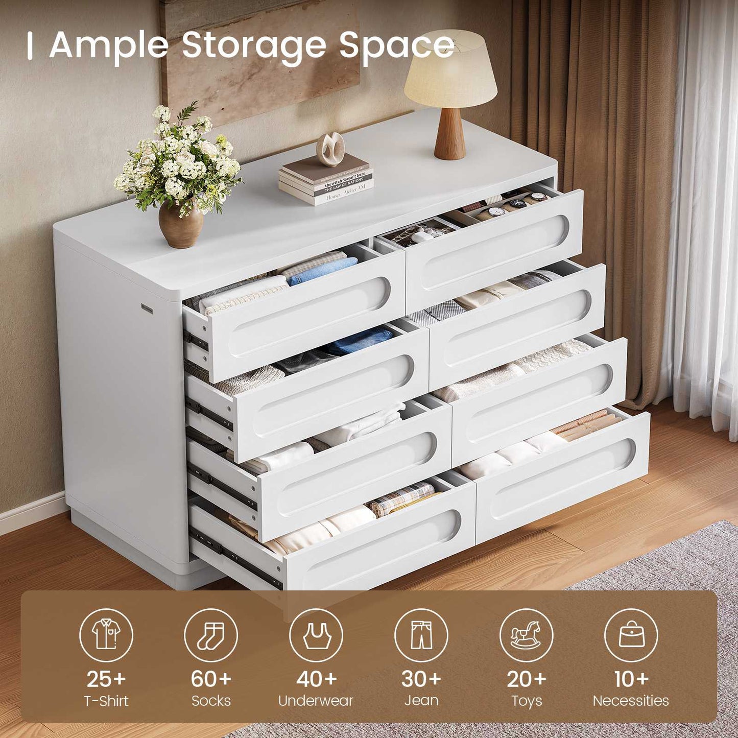 SUCSSRICH | Dresser for Bedroom with 8 Drawers, 47.2" Wide Dresser for Closet with Deep Drawer, Large Wood TV Stand, Modern Chest of Drawers for Bedroom, Hallway, White