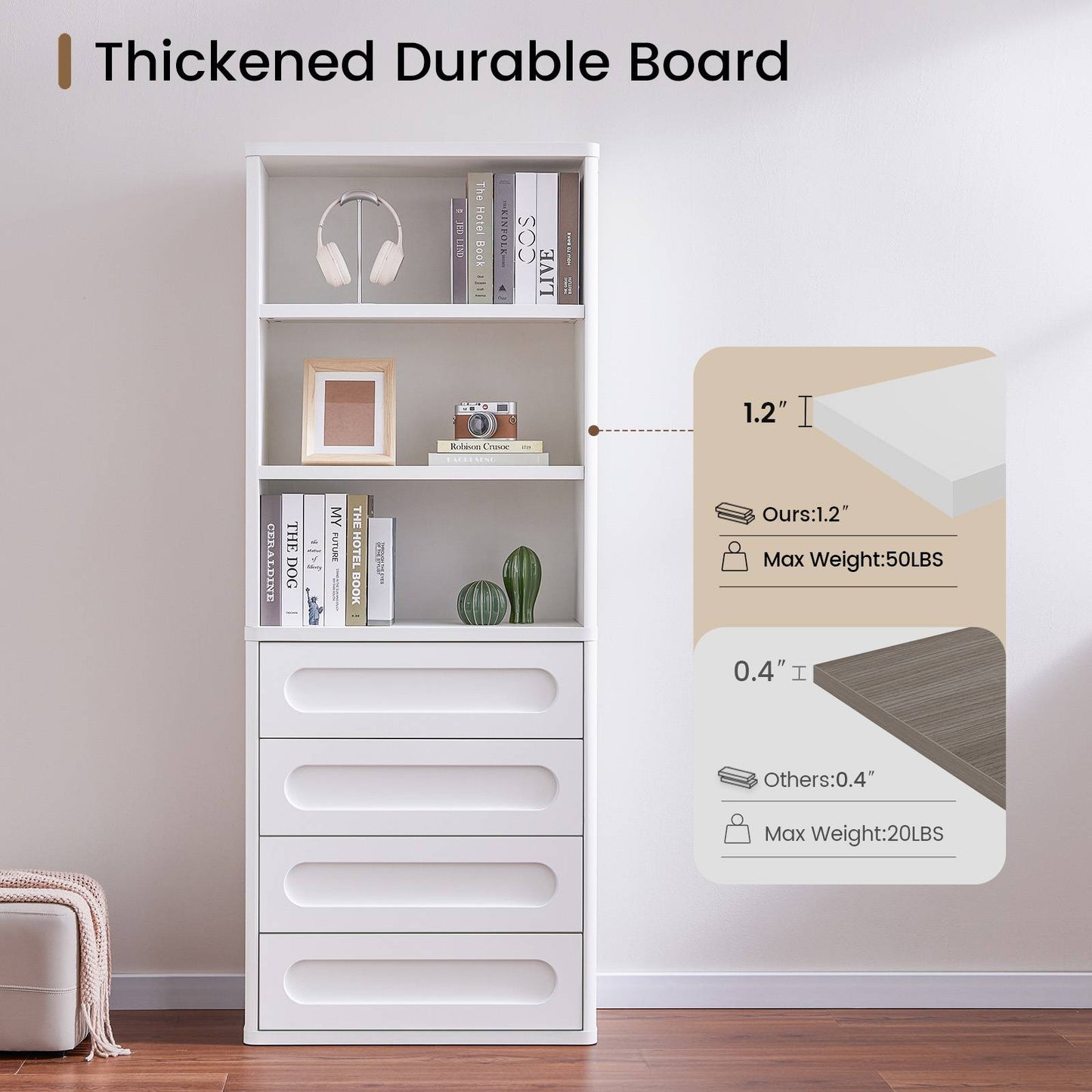 SUCSSRICH 72.1 Inch Bookcase with 4 Drawers Large Bookshelves Cabinet with 3 Storage Shelves for Living Room Bedroom Home Office