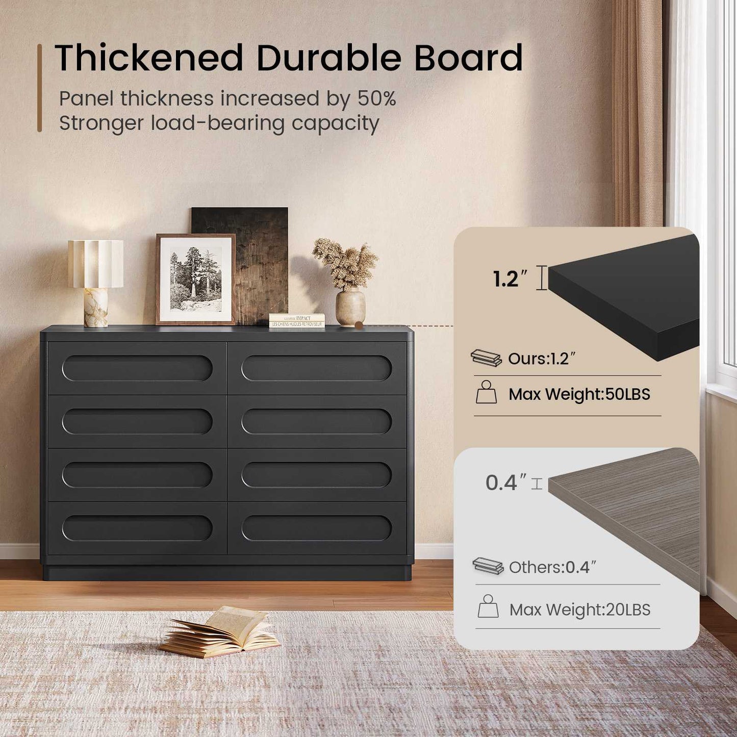 SUCSSRICH 47.2 Inch Dresser for Bedroom with 8 Drawers Wide Dresser for Closet with Deep Drawer Large Wood TV Stand Modern Chest of Drawers for Bedroom
