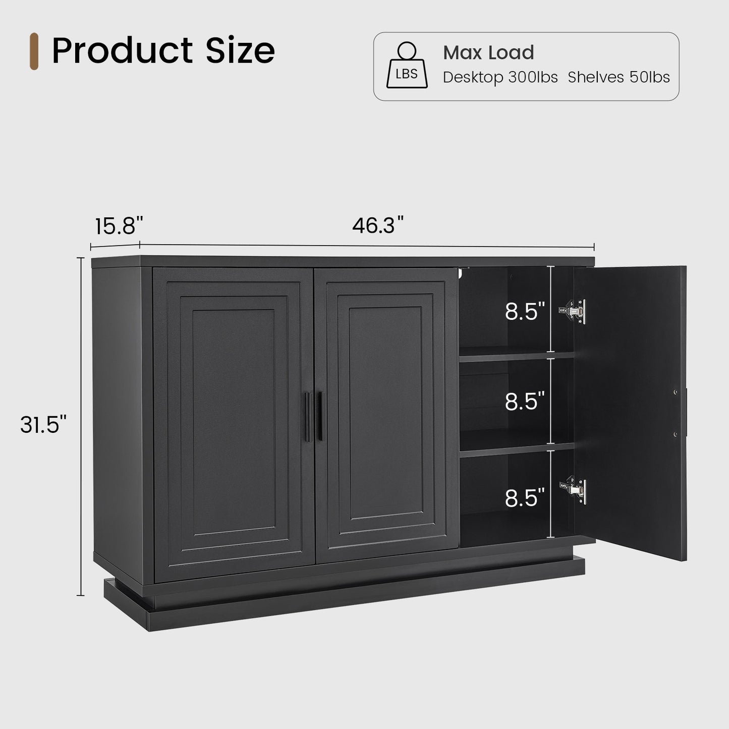 SUCSSRICH 46.3 Inch Buffet Cabinet with Storage Sideboard Buffet Kitchen Cabinet with 3 Doors and 3 Shelves Wood Coffee Bar Table