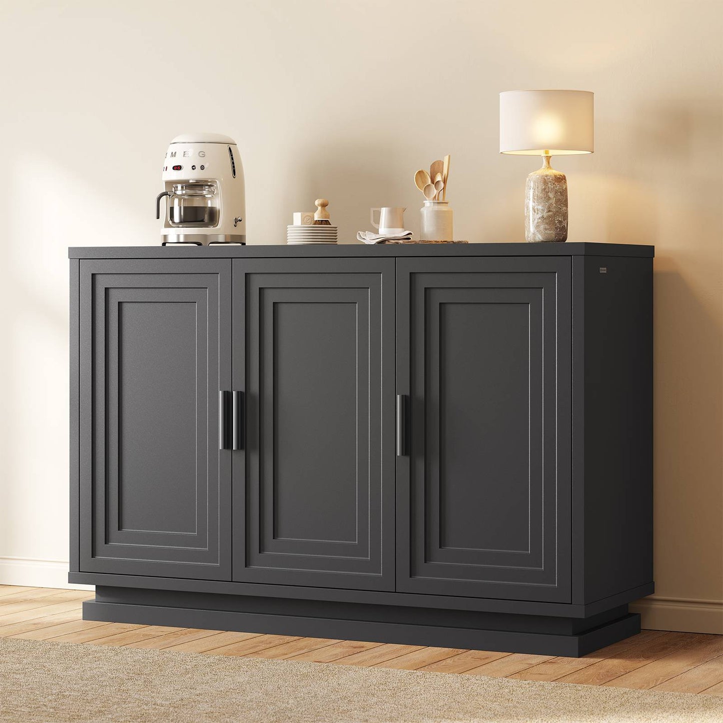 SUCSSRICH 46.3 Inch Buffet Cabinet with Storage Sideboard Buffet Kitchen Cabinet with 3 Doors and 3 Shelves Wood Coffee Bar Table