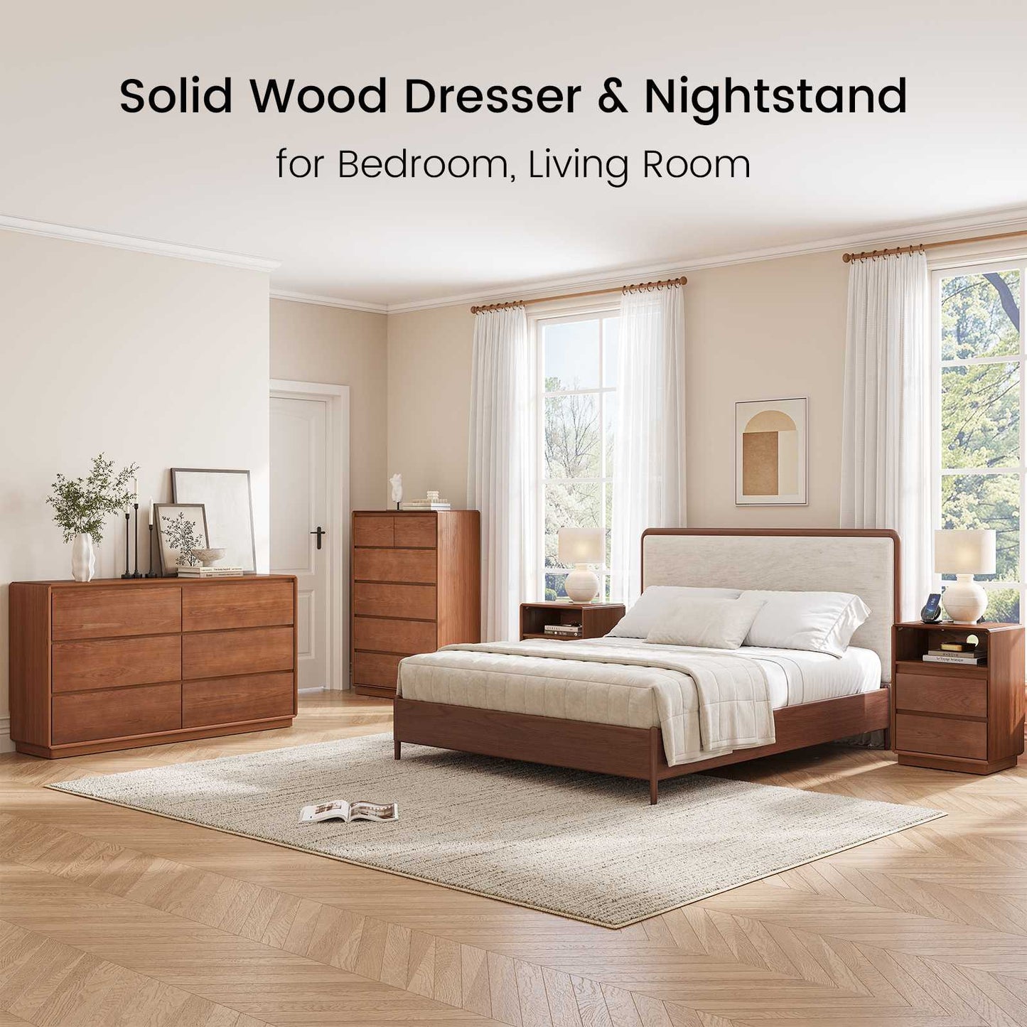 SUCSSRICH | 62 Inch Solid Wood 9 Drawer Dresser, Mid Century Modern Wide Dresser for Bedroom, 3 Column Wooden Chest of Drawers, Natural Finish