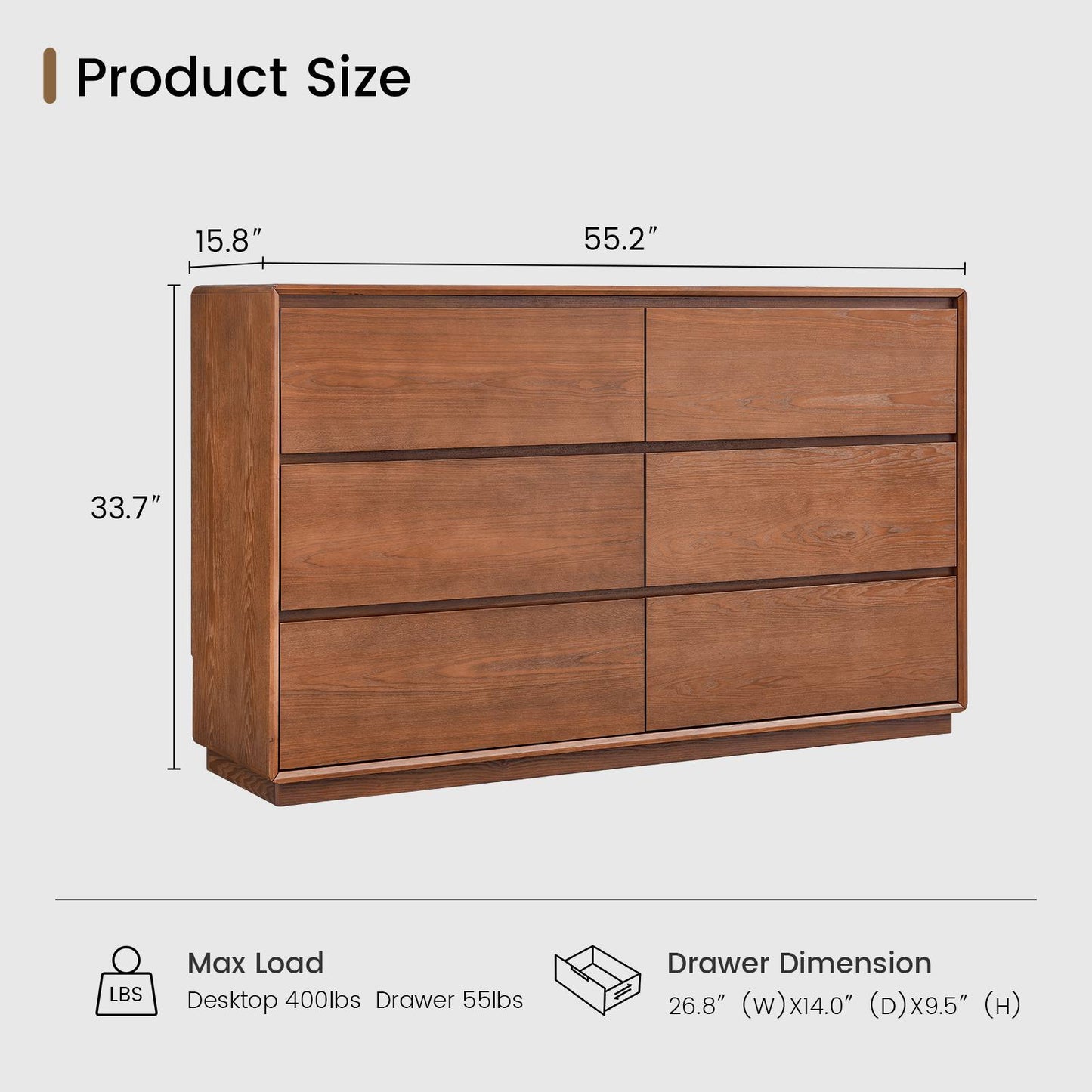 SUCSSRICH 55.2 Inch Solid Wood Dresser with 6 Drawers Natural Solid Wood Wide Dresser for Living Room Bedroom
