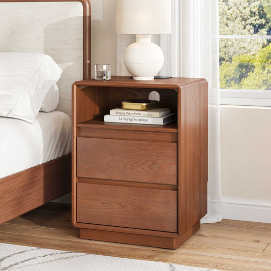 SUCSSRICH 25.8 Inch Solid Wood Nightstand with 2 Drawers and with Charging Station Natural Wood Night Stand Bedside Table
