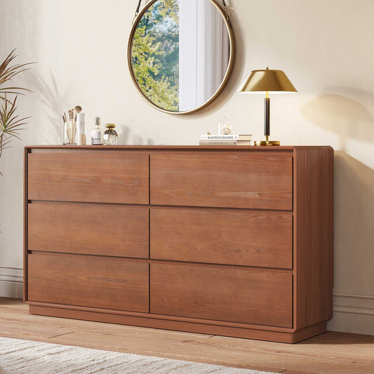 SUCSSRICH 55.2 Inch Solid Wood Dresser with 6 Drawers Natural Solid Wood Wide Dresser for Living Room Bedroom