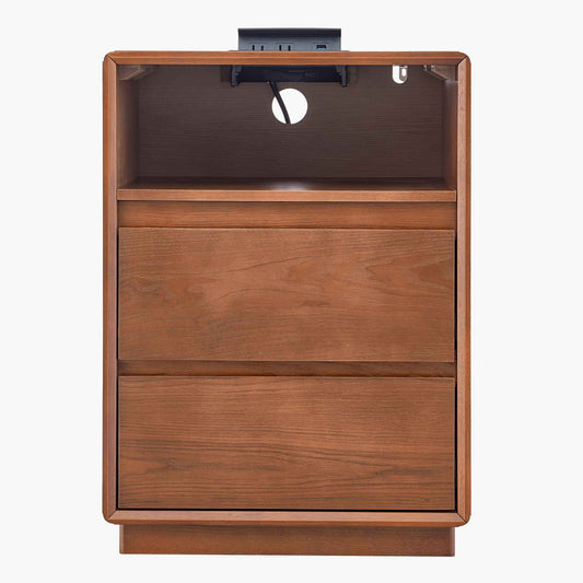 SUCSSRICH 25.8 Inch Solid Wood Nightstand with 2 Drawers and with Charging Station Natural Wood Night Stand Bedside Table