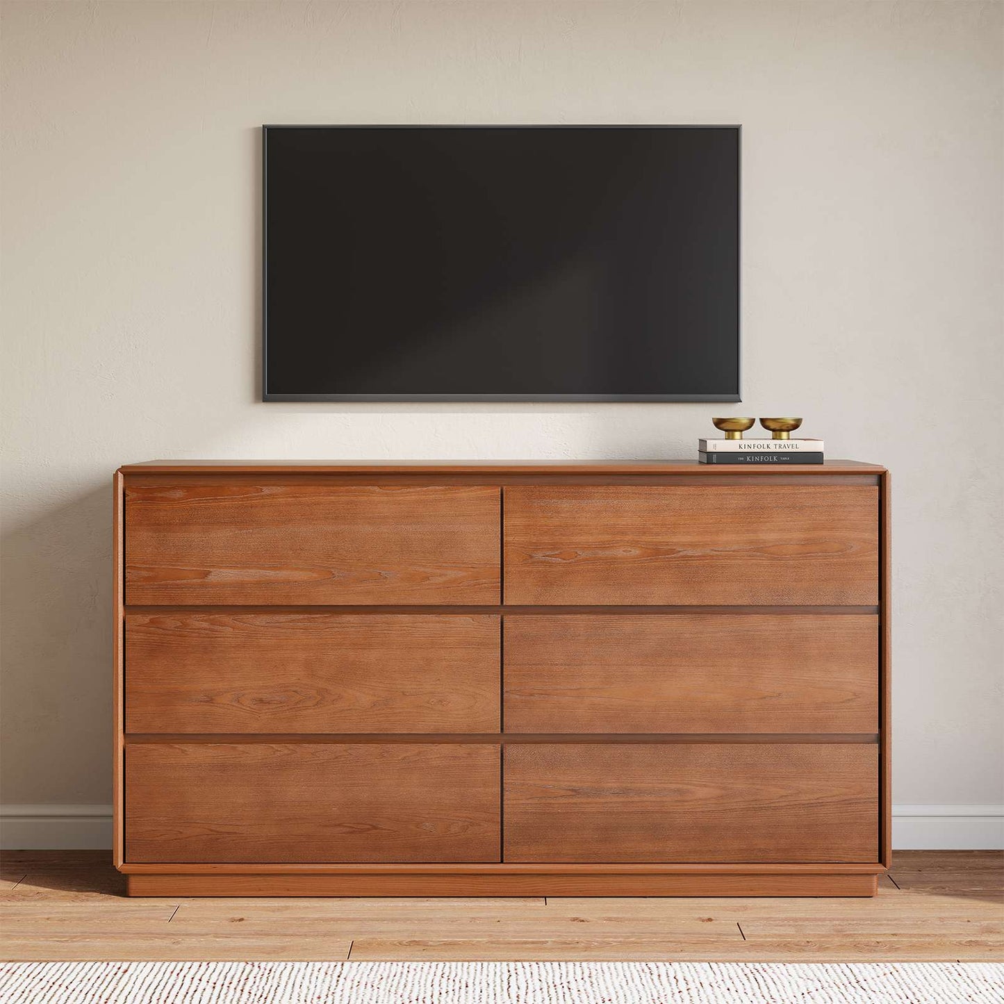 SUCSSRICH | 55.2" Solid Wood Dresser with 6 Drawers – Mid Century Modern Wide Chest for Bedroom, Natural Wood Storage Organizer