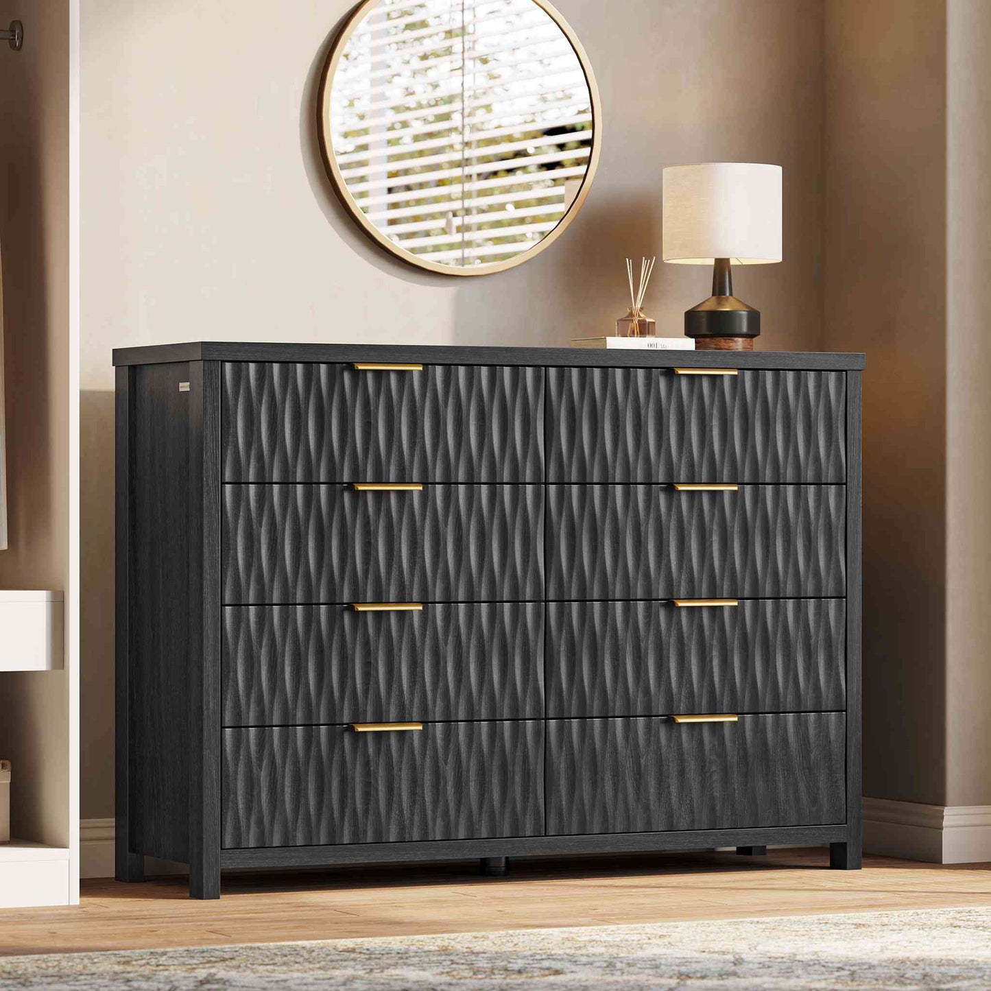 SUCSSRICH 46.9 Inch Dresser with 8 Drawers Wide Modern Chest of Drawers with Metal Handle Wood Dresser TV Stand Wood Storage Organizer for Bedroom Living Room
