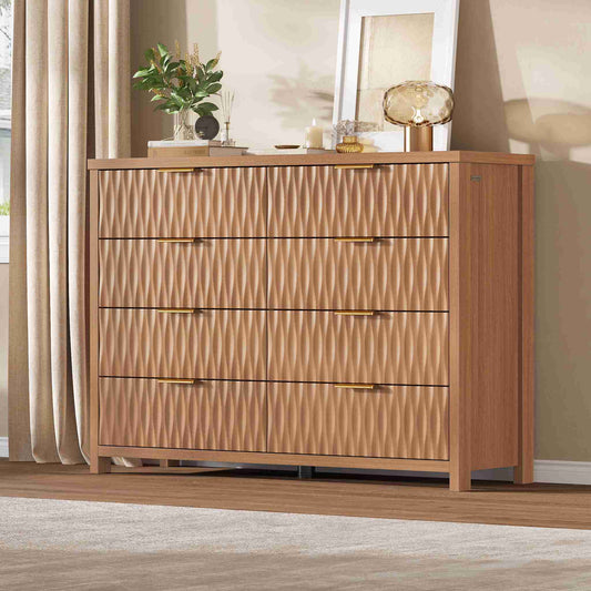 SUCSSRICH 46.9 Inch Dresser with 8 Drawers Wide Modern Chest of Drawers with Metal Handle Wood Dresser TV Stand Wood Storage Organizer for Bedroom Living Room Oak Brown