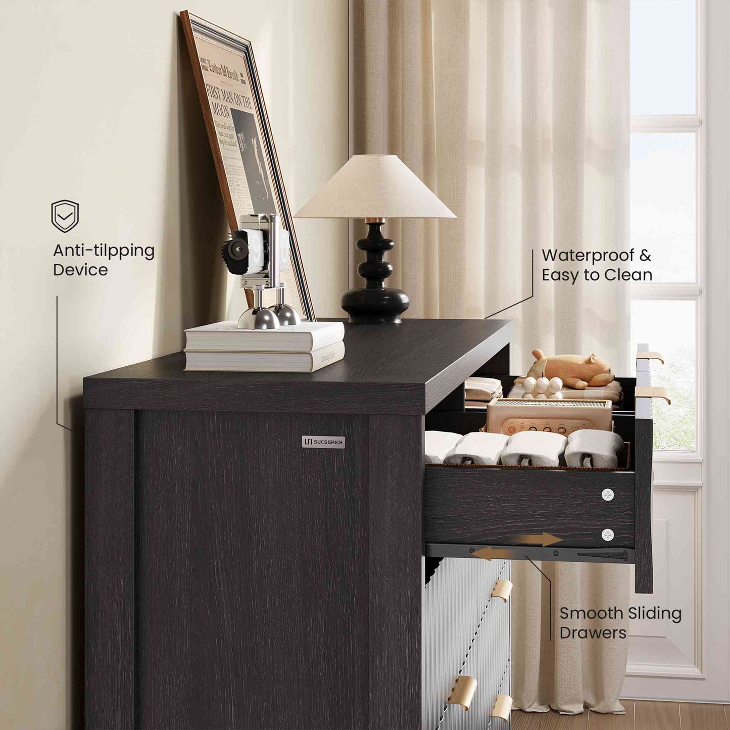 SUCSSRICH 46.9 Inch Dresser with 8 Drawers Wide Modern Chest of Drawers with Metal Handle Wood Dresser TV Stand Wood Storage Organizer for Bedroom Living Room