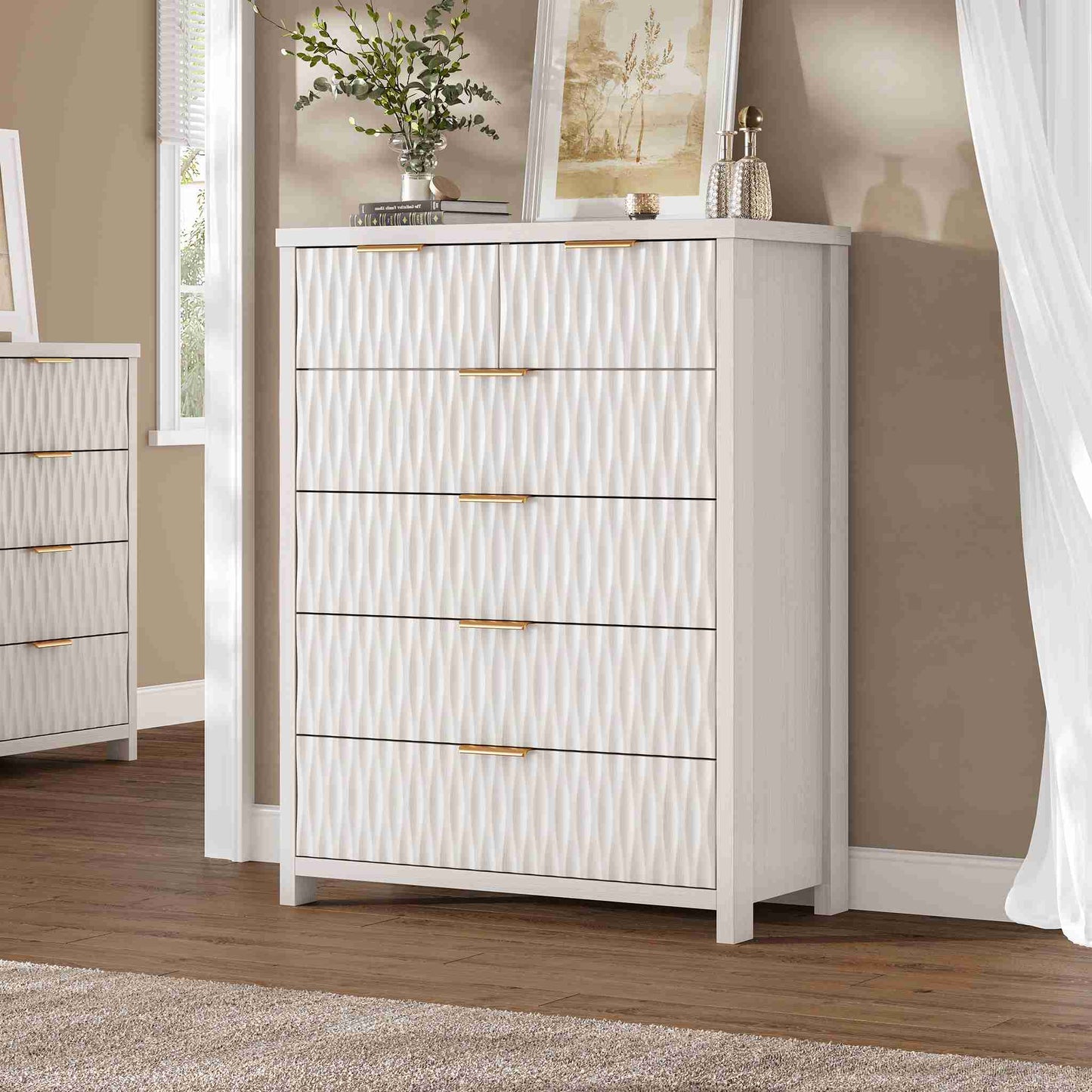 SUCSSRICH 43.7 Inch Dresser with 6 Drawers Tall Drawers for Bedroom Modern Chest of Wood Drawer Organizer for Living Room Hallway Entryway
