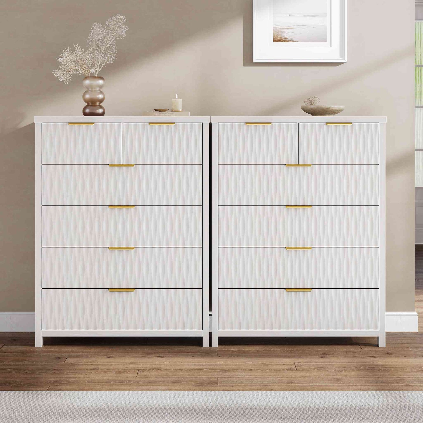SUCSSRICH 43.7 Inch Dresser with 6 Drawers Tall Drawers for Bedroom Modern Chest of Wood Drawer Organizer for Living Room Hallway Entryway