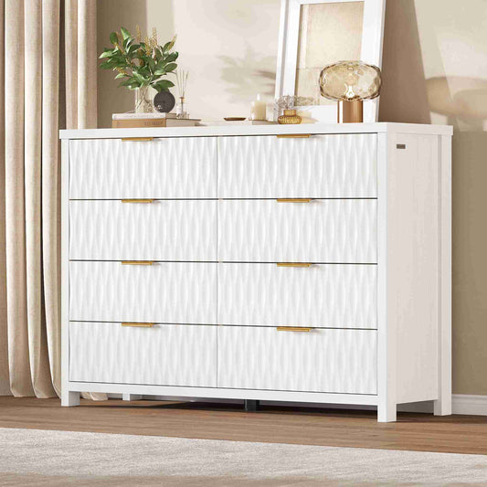 SUCSSRICH 46.9 Inch Dresser with 8 Drawers Wide Modern Chest of Drawers with Metal Handle Wood Dresser TV Stand Wood Storage Organizer for Bedroom Living Room White
