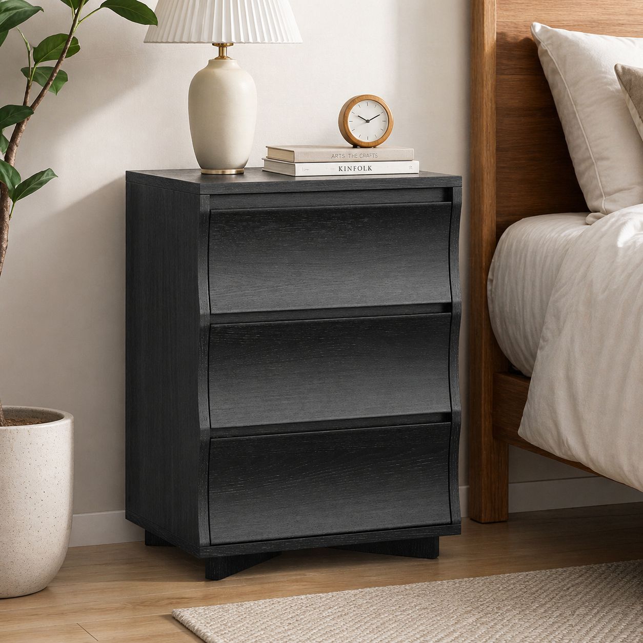 SUCSSRICH | Black Nightstand with 3 Drawers – Modern Bedside Table with Large Storage & Silent Slides, Wooden End Table for Bedroom