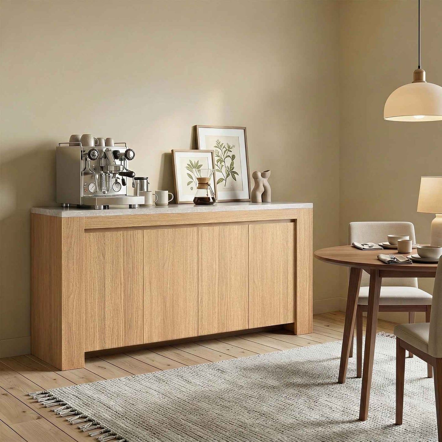 SUCSSRICH | 63-Inch Buffet Cabinet with Storage, Faux Marble Top, 4-Door Sideboard (Natural Oak)