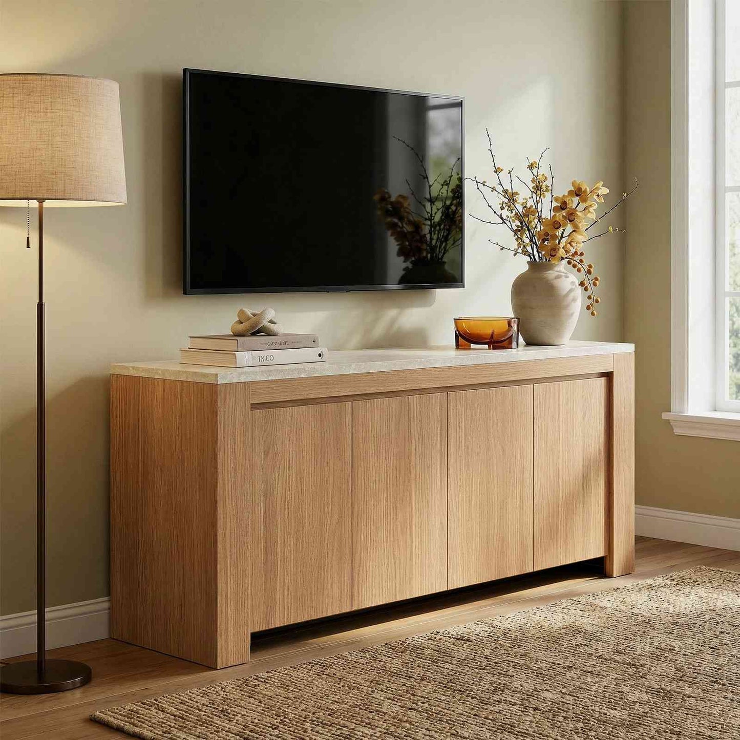 SUCSSRICH | 63" Buffet Cabinet with Storage – Sideboard with Faux Marble Top & 4 Doors, Modern Buffet Credenza for Living Room, Dining Room & Kitchen – Walnut