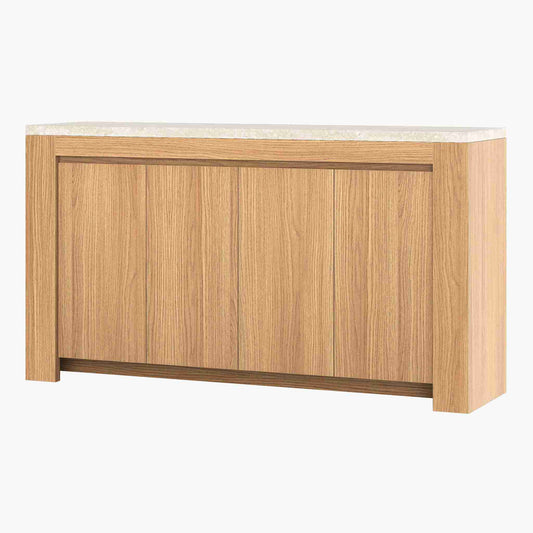 SUCSSRICH | 63-Inch Buffet Cabinet with Storage, Faux Marble Top, 4-Door Sideboard (Natural Oak)