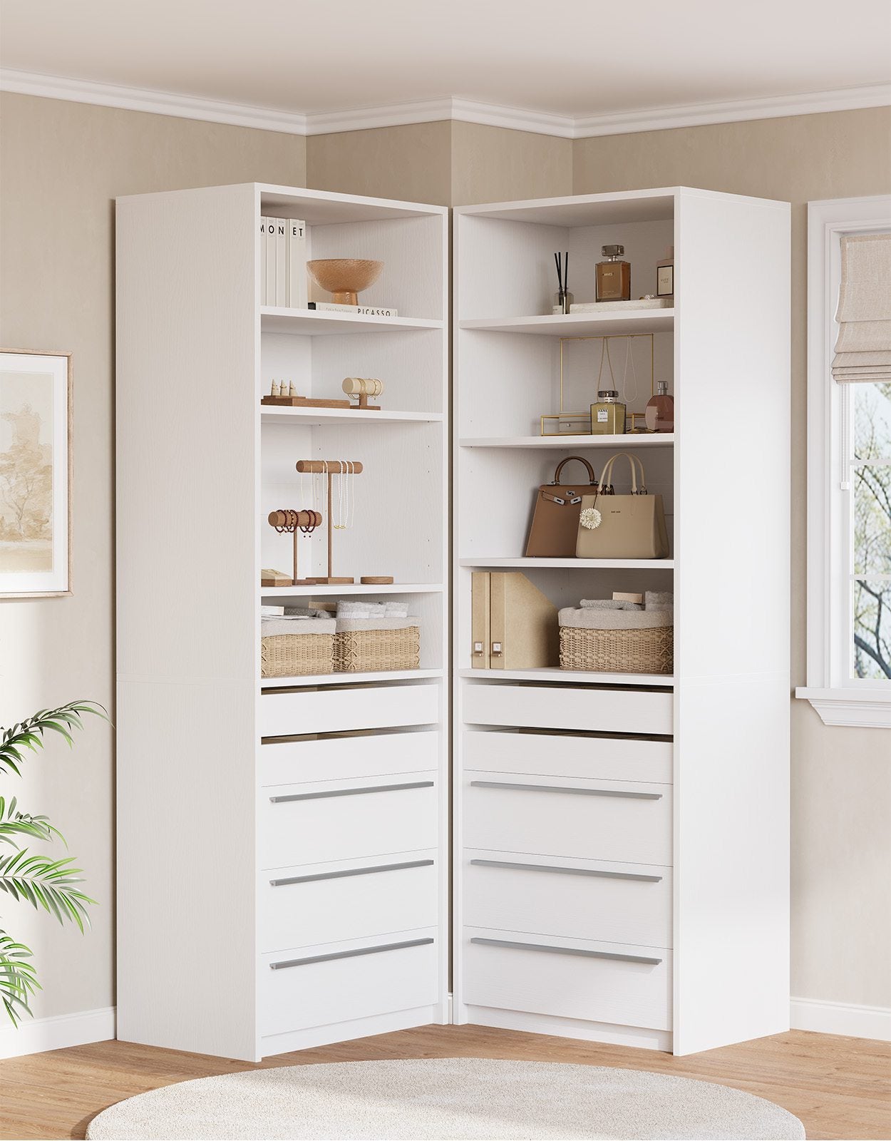 SUCSSRICH | Modular Closet Organizer System with 5 Drawers & 4 Shelves, Freestanding Walk-In Closet Storage (White)