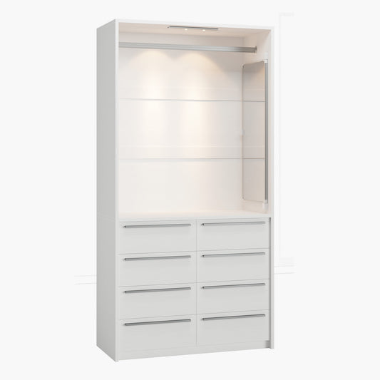 SUCSSRICH | 3FT Walk-In Closet Organizer System with 8 Drawers, Full-Length Mirror, Metal Hanging Rod & Motion Sensor Light (White)