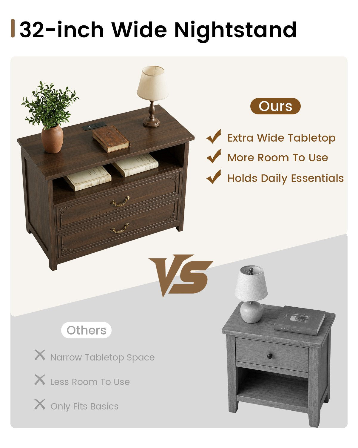 SUCSSRICH | 20-Inch Vintage Farmhouse Nightstand with Charging Station, 2 Drawers & Open Shelf, Elegant Carved Accents and Rustic Metal Handles