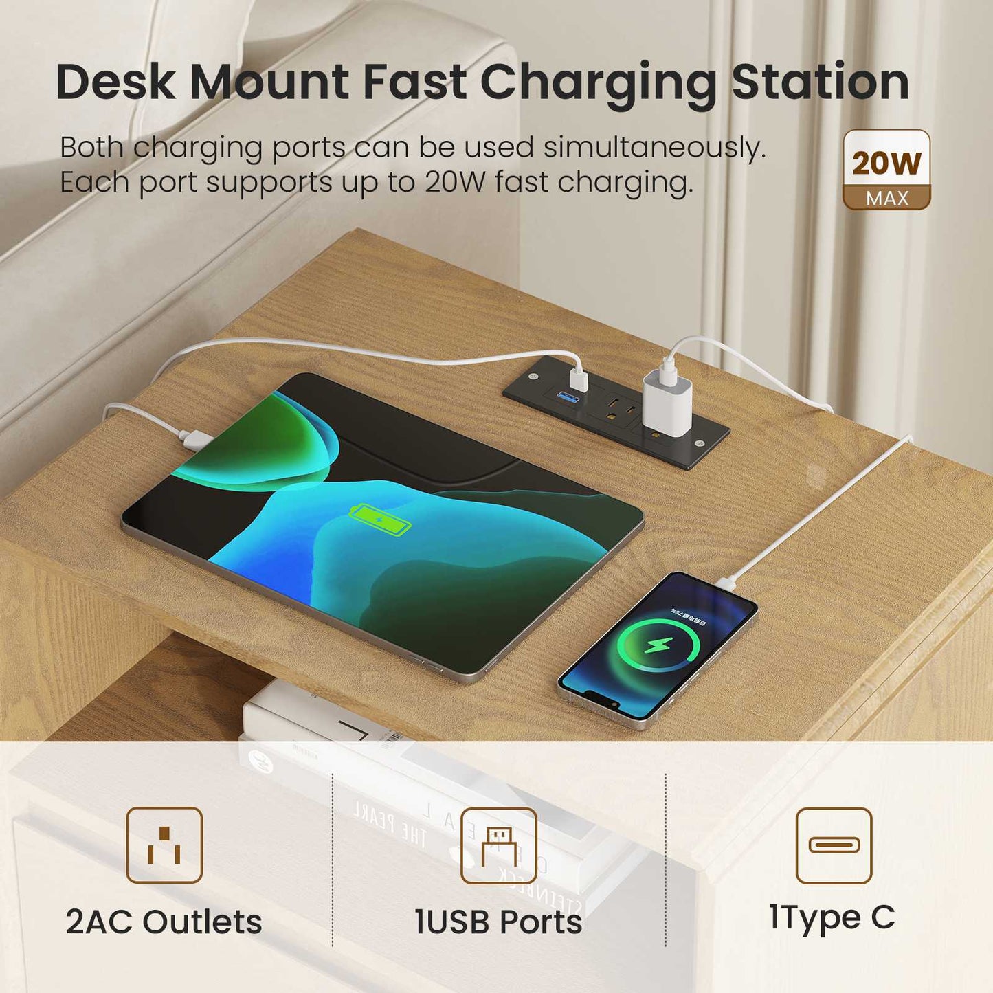 SUCSSRICH | Solid Wood Nightstand with Charging Station, 2 Drawers & Open Storage Shelf, Wall-Hugging Design, Natural Wood Bedside Table