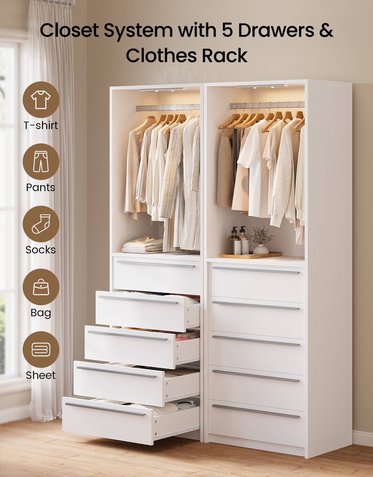 SUCSSRICH | Walk-In Closet Organizer System with 5 Drawers, Metal Hanging Rods & Motion Sensor Light (White)