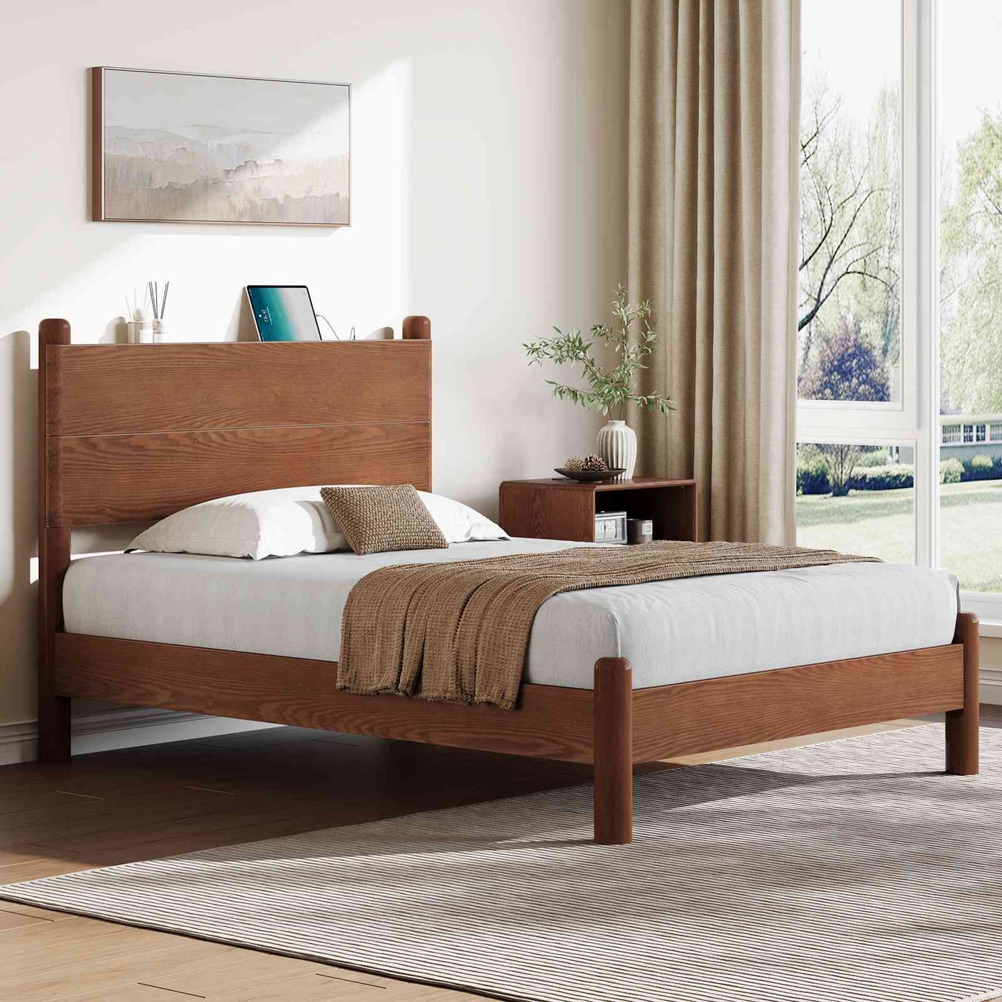 SUCSSRICH | Full Size Solid Wood Bed Frame with Headboard & Charging Station – Mid Century Platform Bed, No Box Spring Needed, Noise-Free, Easy Assembly