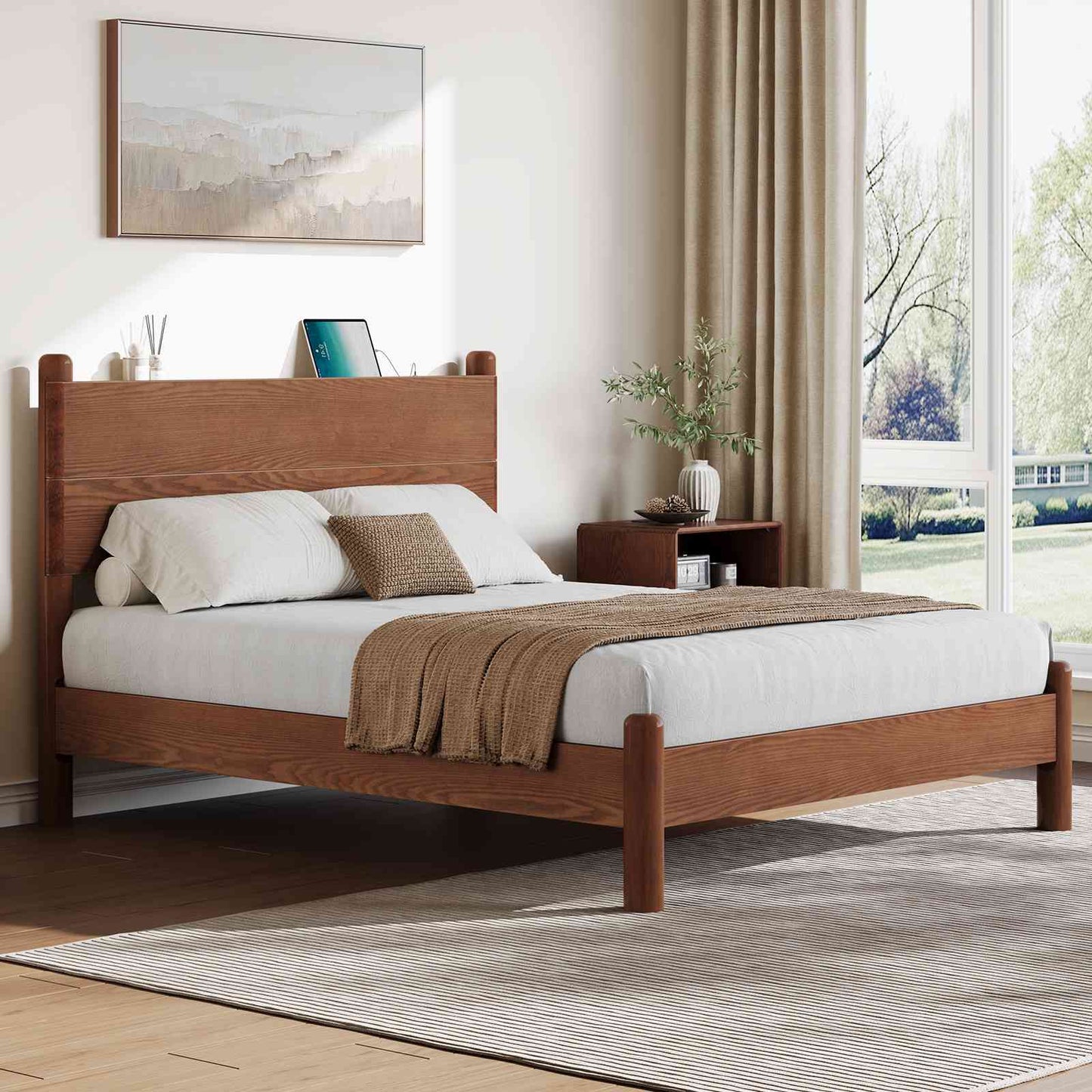 SUCSSRICH | Queen Size Solid Wood Bed Frame with Headboard & Charging Station – Mid Century Platform Bed, No Box Spring Needed, Noise-Free, Easy Assembly