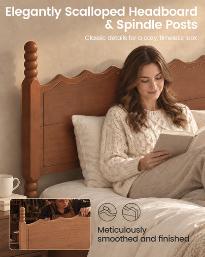 SUCSSRICH | Solid Wood Platform Bed with Storage Headboard, Spindle Design, Under-Bed Storage & No Box Spring Needed
