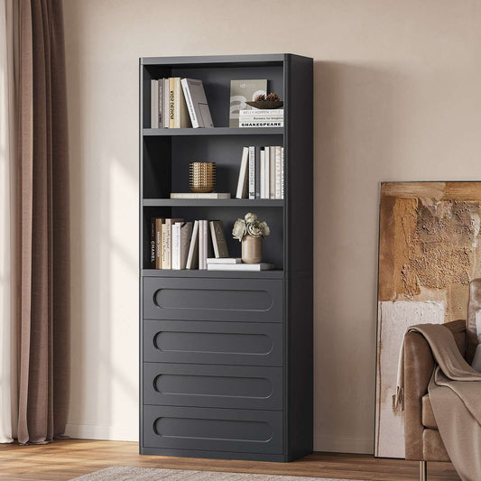SUCSSRICH 72.1 Inch Black Bookcase with 4 Drawers Large Bookshelves Cabinet with 3 Storage Shelves for Living Room Bedroom Home Office