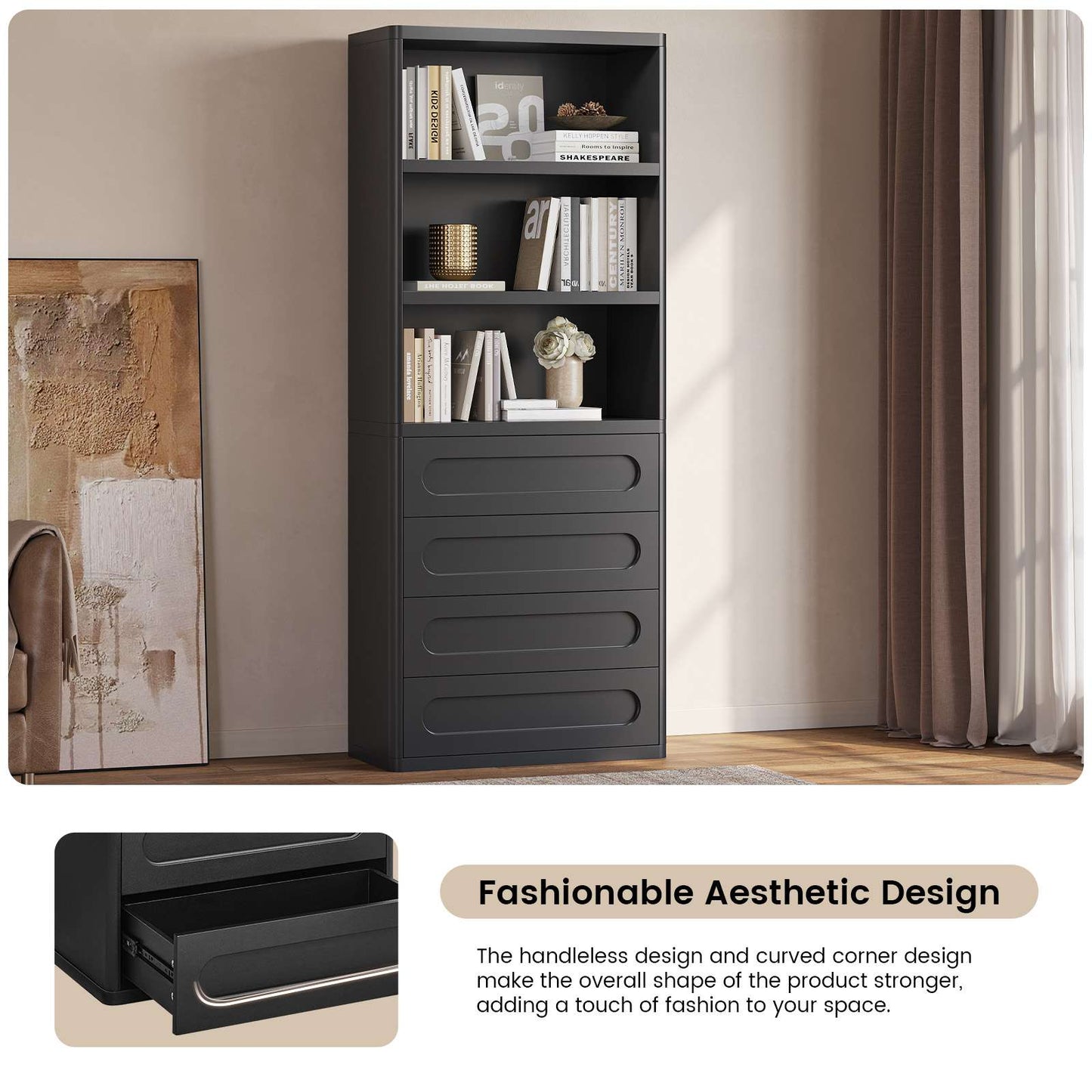 SUCSSRICH 72.1 Inch Bookcase with 4 Drawers Large Bookshelves Cabinet with 3 Storage Shelves for Living Room Bedroom Home Office