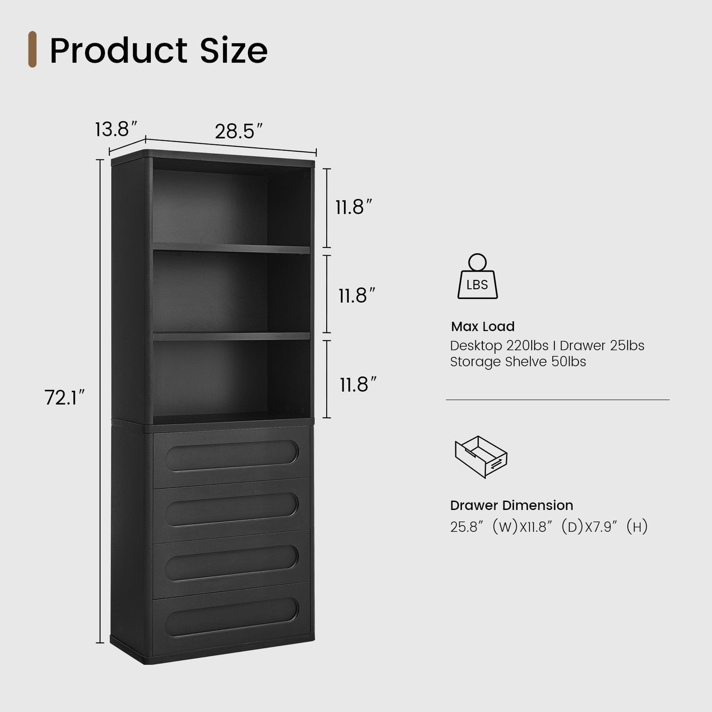SUCSSRICH 72.1 Inch Bookcase with 4 Drawers Large Bookshelves Cabinet with 3 Storage Shelves for Living Room Bedroom Home Office