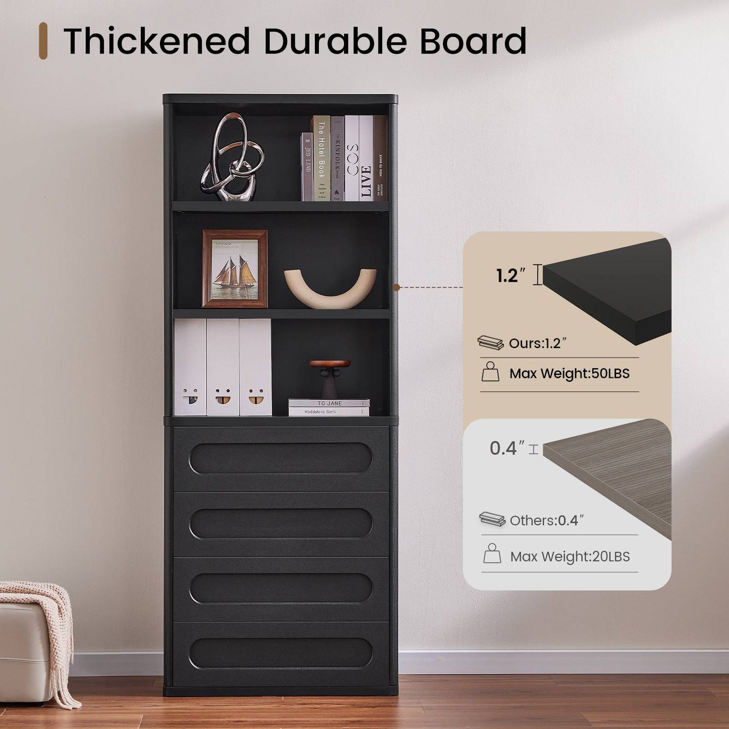 SUCSSRICH 72.1 Inch Bookcase with 4 Drawers Large Bookshelves Cabinet with 3 Storage Shelves for Living Room Bedroom Home Office