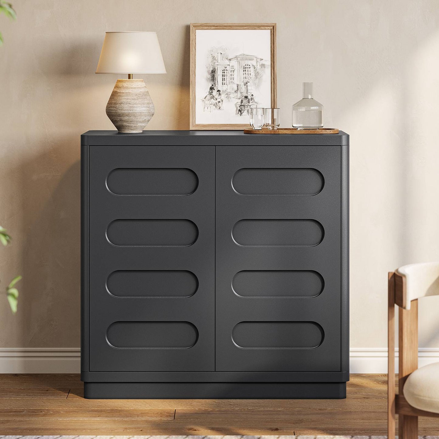 SUCSSRICH 31.5 Inch Sideboard Buffet Cabinet with Storage 2 Doors and Adjustable Shelves Curved Design Modern Coffee Bar Cabinet for Living Room Kitchen Hallway