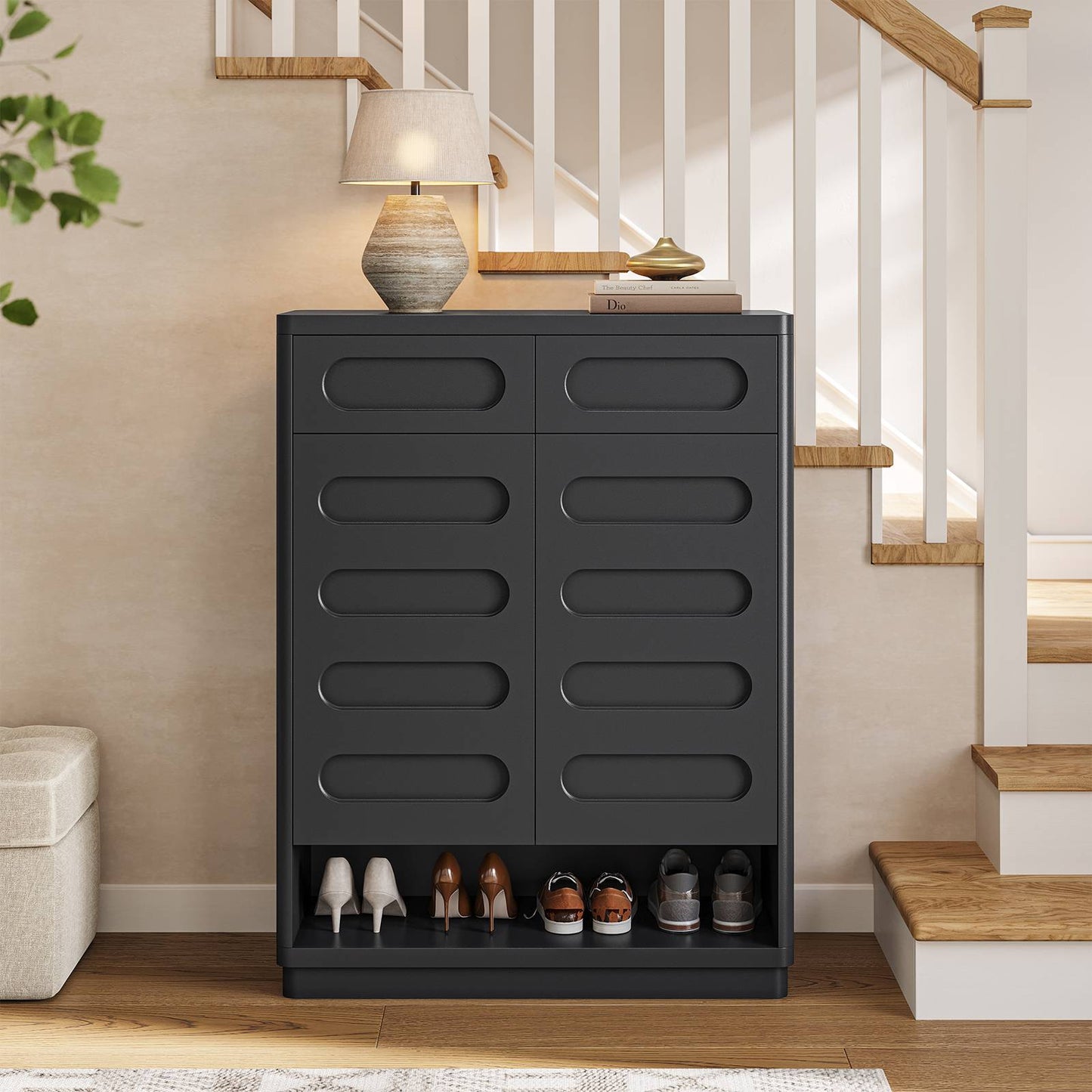 SUCSSRICH 45.3 Inch Shoe Storage Cabinet with 2 Drawers Tall Large Shoe Organizer Closet Storage with Doors and 4-Tier Shelves for Entryway Hallway