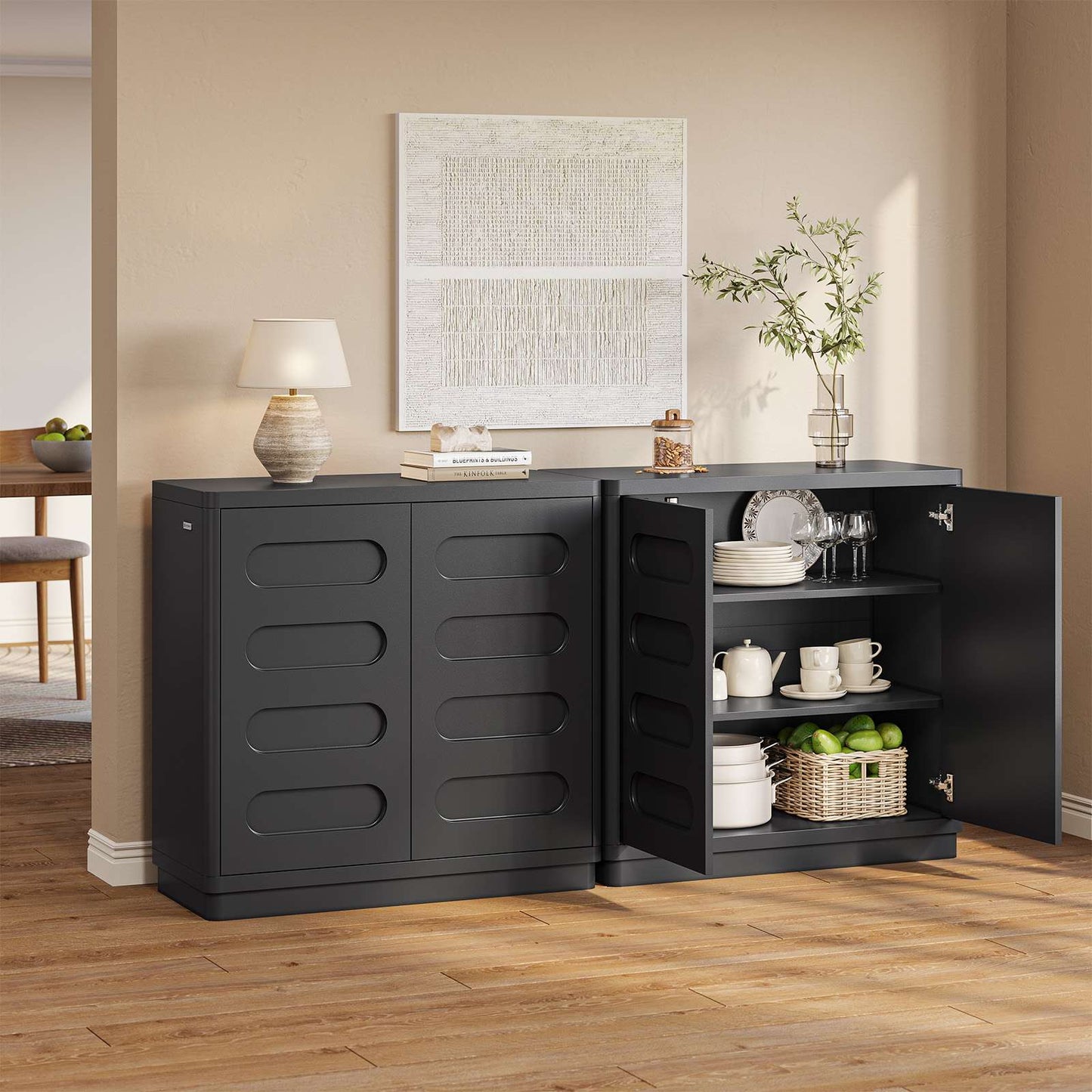 SUCSSRICH 31.5 Inch Sideboard Buffet Cabinet with Storage 2 Doors and Adjustable Shelves Curved Design Modern Coffee Bar Cabinet for Living Room Kitchen Hallway