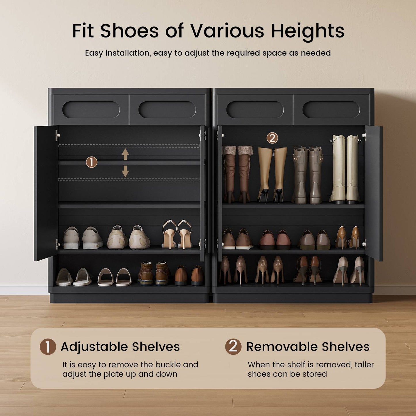 SUCSSRICH 45.3 Inch Shoe Storage Cabinet with 2 Drawers Tall Large Shoe Organizer Closet Storage with Doors and 4-Tier Shelves for Entryway Hallway