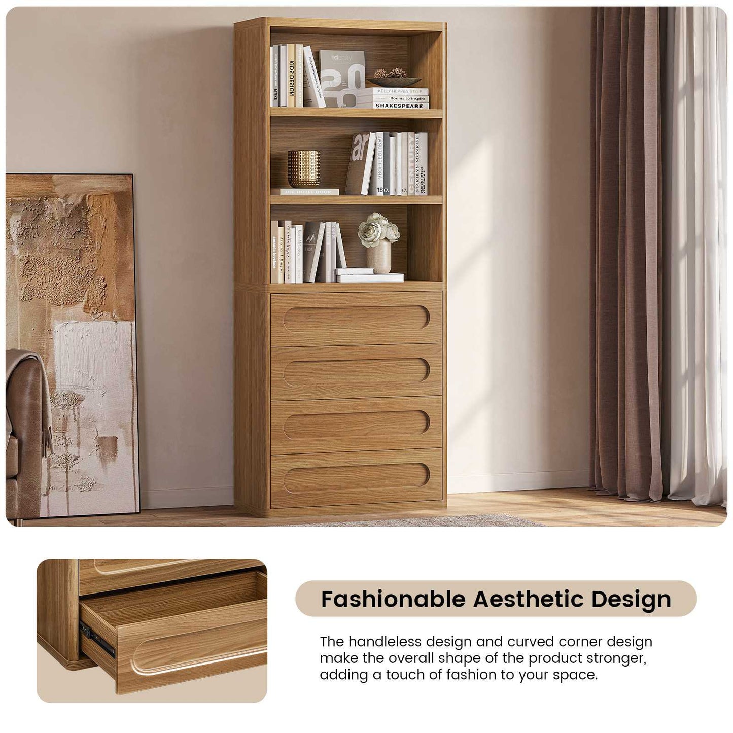 SUCSSRICH 72.1 Inch Bookcase with 4 Drawers Large Bookshelves Cabinet with 3 Storage Shelves for Living Room Bedroom Home Office