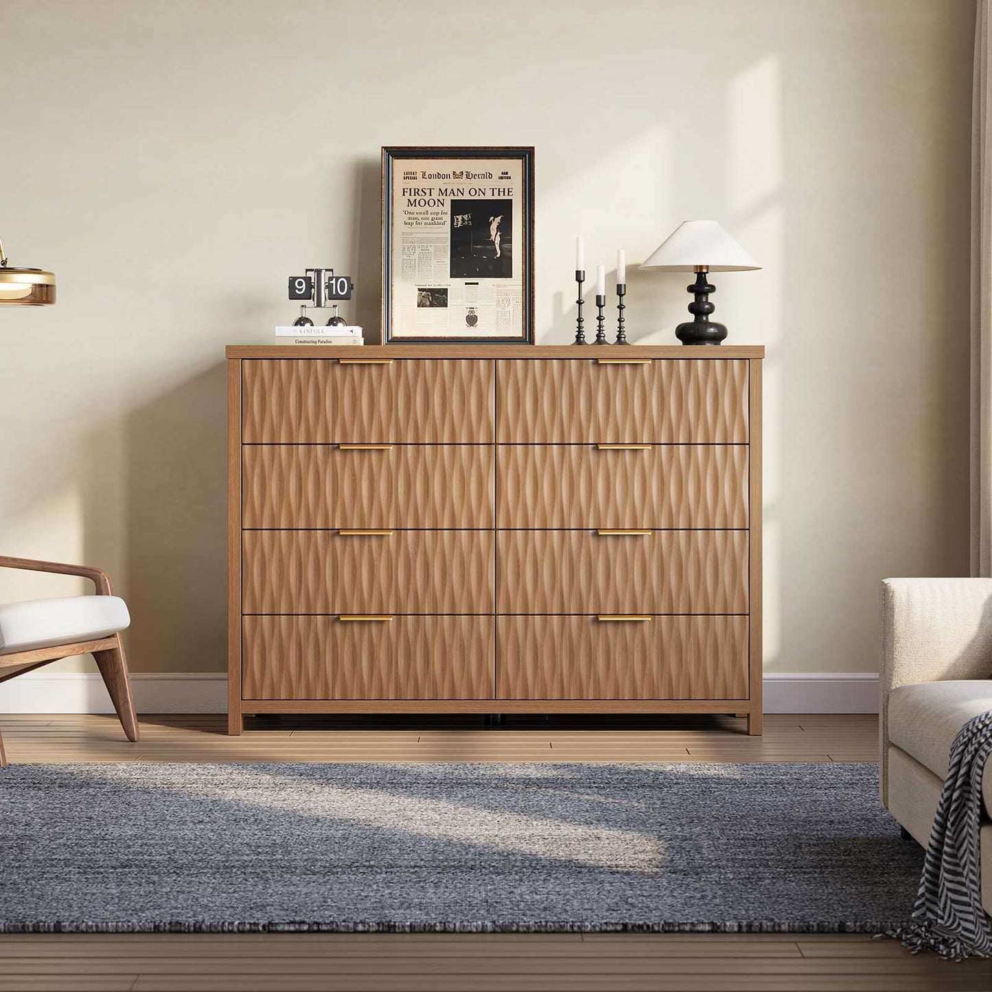 SUCSSRICH 46.9 Inch Dresser with 8 Drawers Wide Modern Chest of Drawers with Metal Handle Wood Dresser TV Stand Wood Storage Organizer for Bedroom Living Room