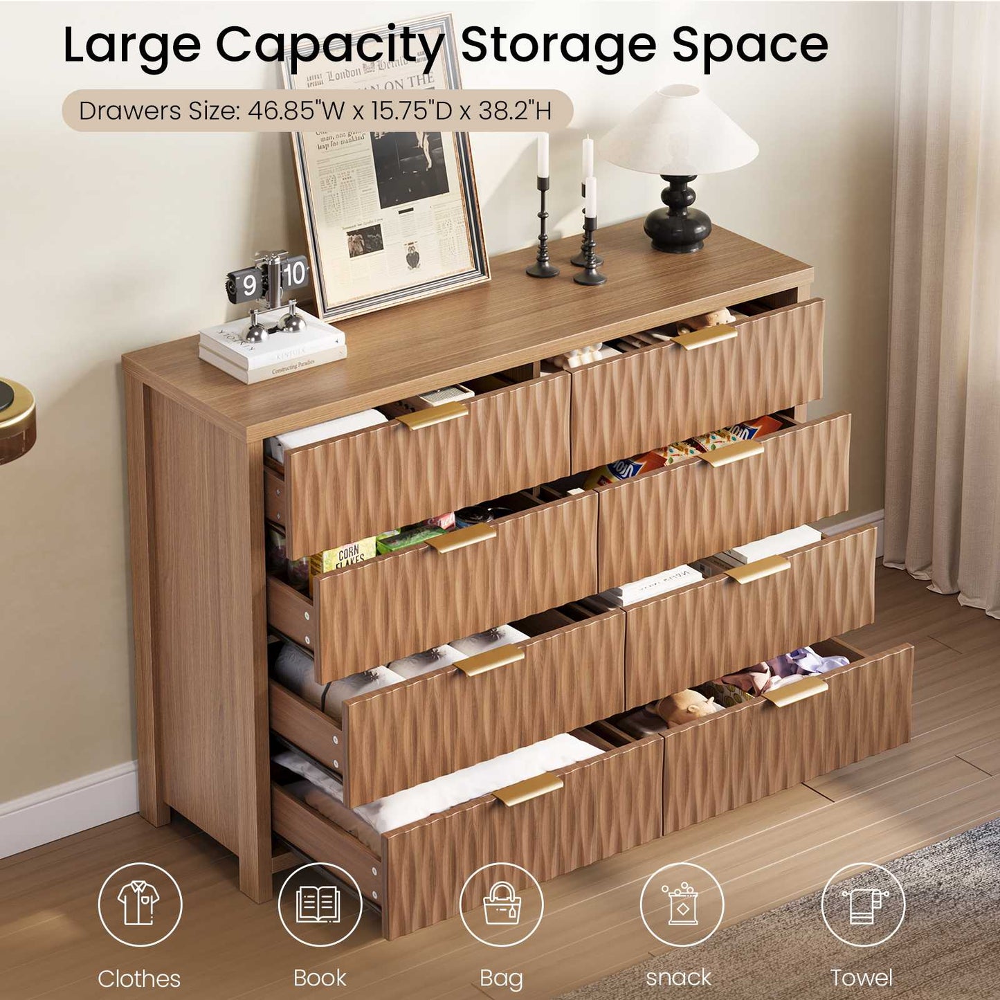 SUCSSRICH 46.9 Inch Dresser with 8 Drawers Wide Modern Chest of Drawers with Metal Handle Wood Dresser TV Stand Wood Storage Organizer for Bedroom Living Room