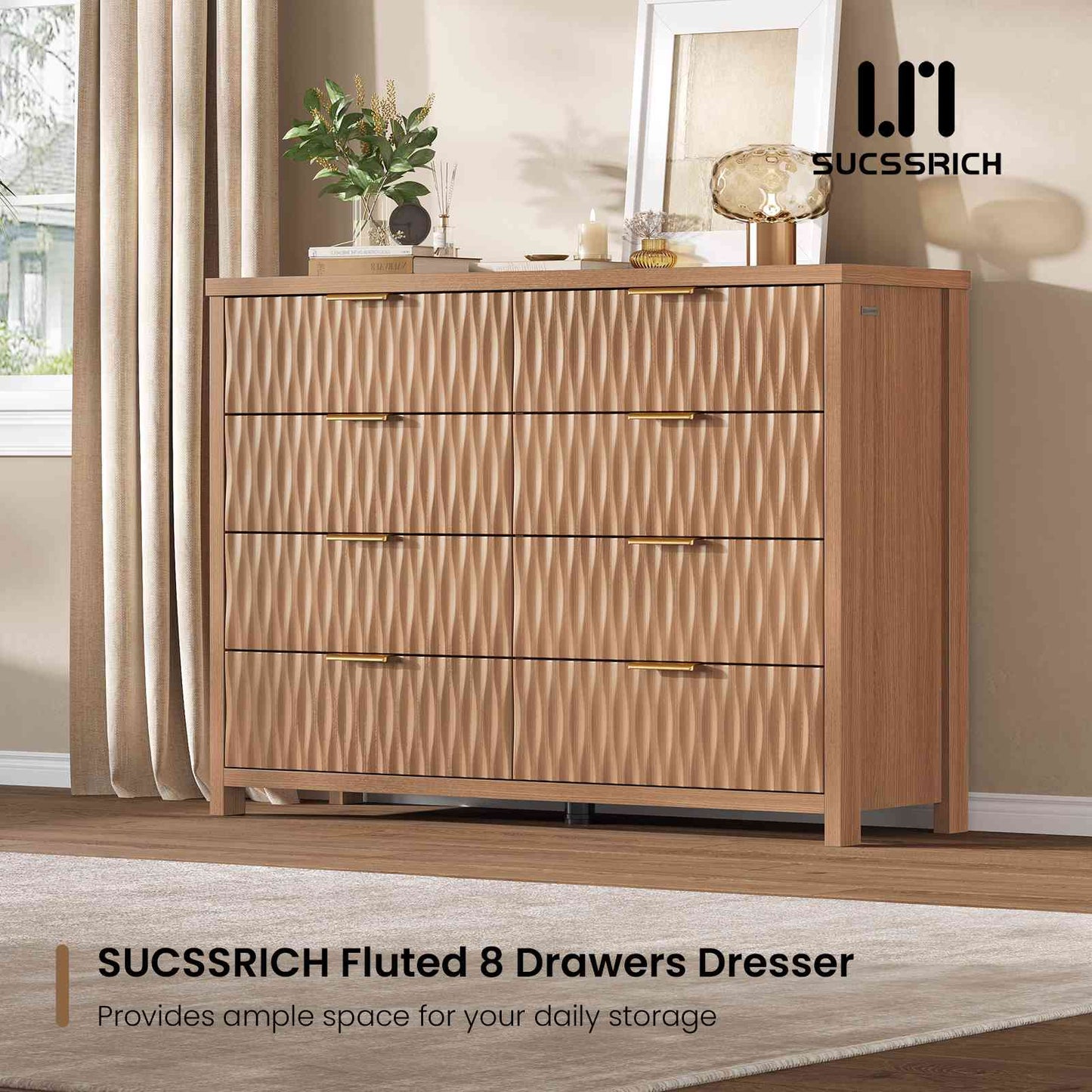 SUCSSRICH 46.9 Inch Dresser with 8 Drawers Wide Modern Chest of Drawers with Metal Handle Wood Dresser TV Stand Wood Storage Organizer for Bedroom Living Room