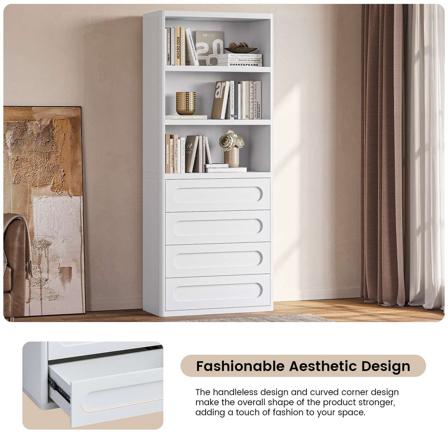 SUCSSRICH 72.1 Inch Bookcase with 4 Drawers Large Bookshelves Cabinet with 3 Storage Shelves for Living Room Bedroom Home Office