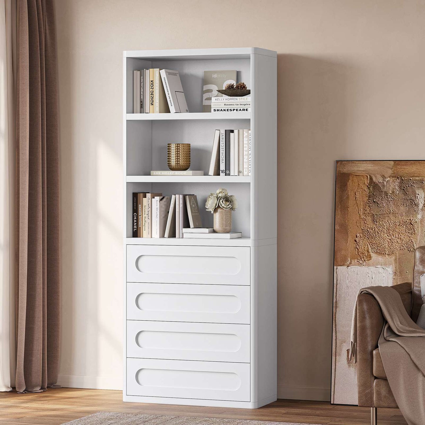 SUCSSRICH 72.1 Inch Bookcase with 4 Drawers Large Bookshelves Cabinet with 3 Storage Shelves for Living Room Bedroom Home Office
