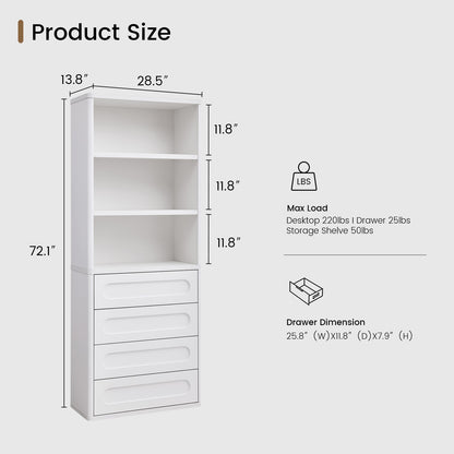 SUCSSRICH 72.1 Inch Bookcase with 4 Drawers Large Bookshelves Cabinet with 3 Storage Shelves for Living Room Bedroom Home Office