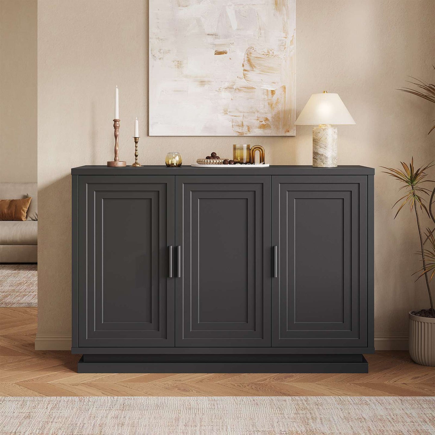 SUCSSRICH 46.3 Inch Buffet Cabinet with Storage Sideboard Buffet Kitchen Cabinet with 3 Doors and 3 Shelves Wood Coffee Bar Table
